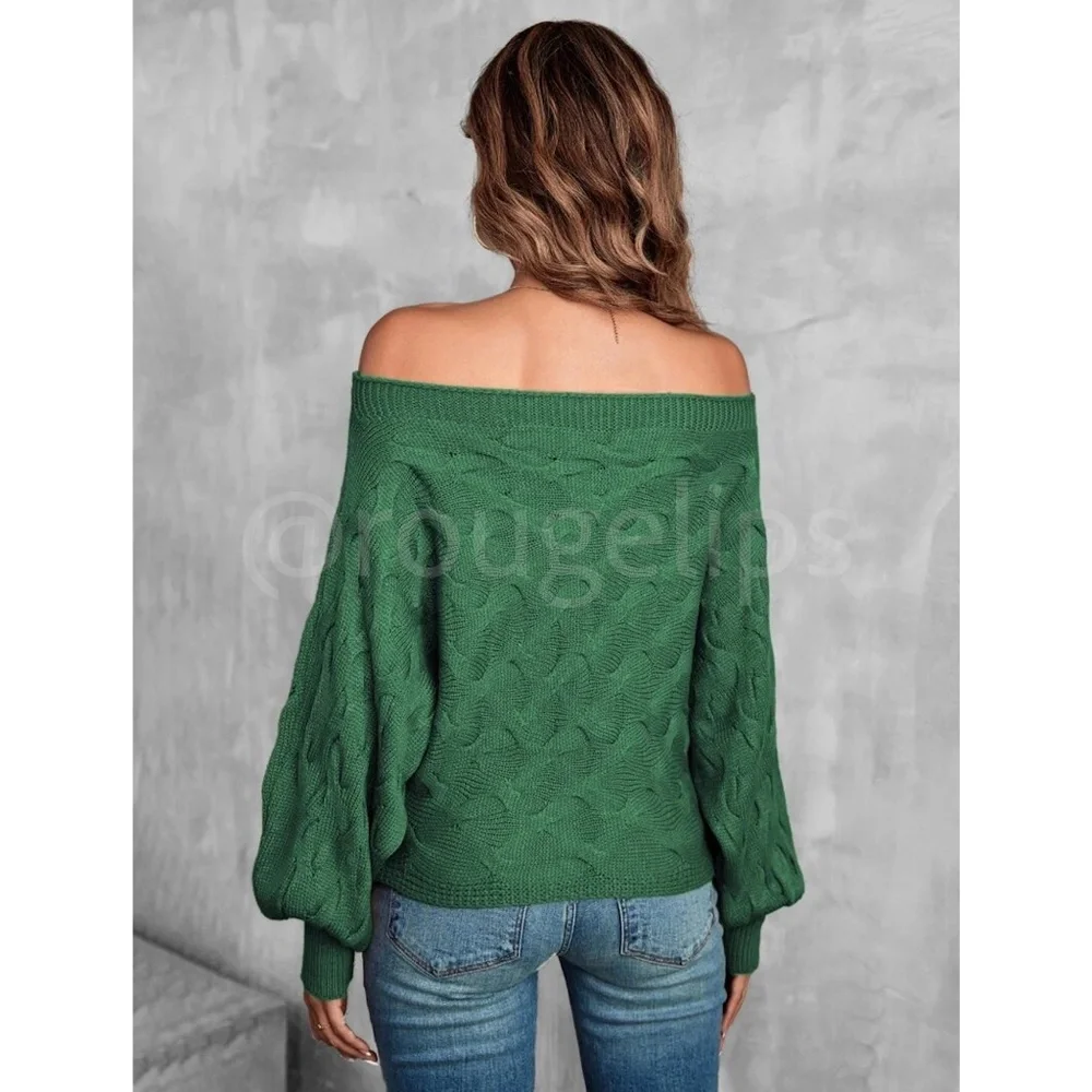Off the Shoulder Batwing Sleeve Forrest Green Knit Sweater Pullover - Picture 7 of 8